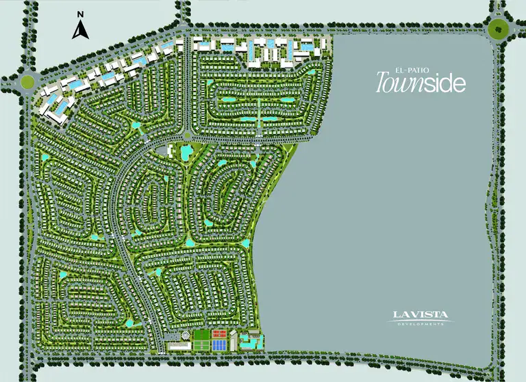 El Patio Townside master plan showing the seven gated parcels and Waterside